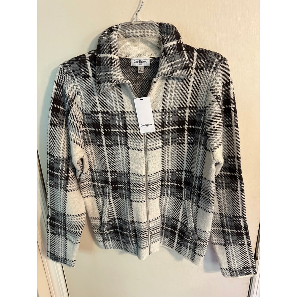 Goodfellow & Co Plaid Full Zip‎ Sweater Jacket Black White Small NWT G93150